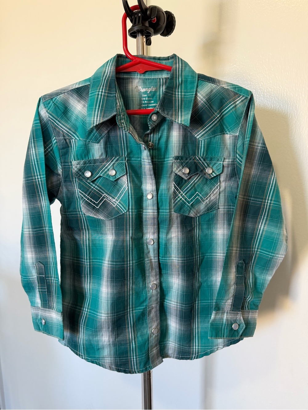 Wrangler Blue Pinstripe Plaid White Stitching Pearl Snap Long Sleeve Shirt 4T